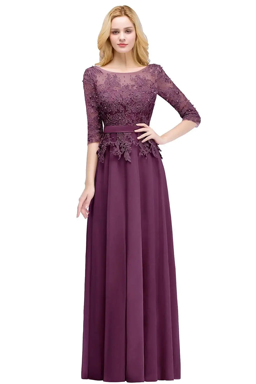 2024 Dusty Rose Evening Dresses Chiffon Appliques 3/4 Sleeves Banquet Formal Party Prom Gowns Maxi Robe De Soiree