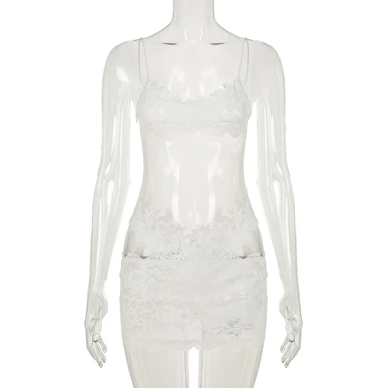 Lace Transparent Mini Dress Sexy Women Wrapping Spaghetti Embroidery Flower Sheath Nightwear Club Mesh Wave Fantacy