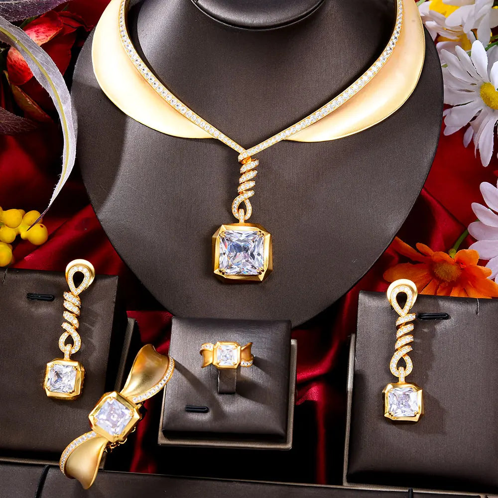 Famous Brand 4PCS Green CZ Luxury African Jewelry Set For Women Wedding Party Zircon Crystal Dubai Bridal Jewelry Set Gift
