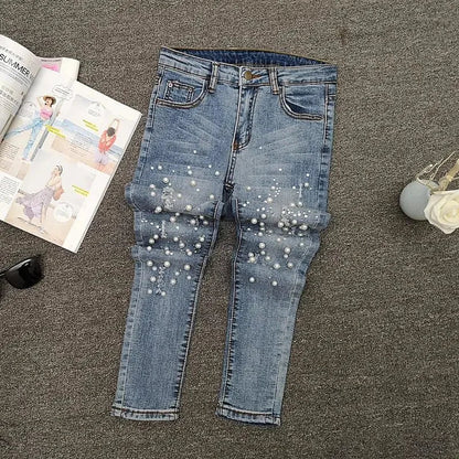 Nailed Bead Jeans Women Spring/Summer New Versatile Hole Breaking Elastic Skinny Pencil Pants Female Casual Denim Pants