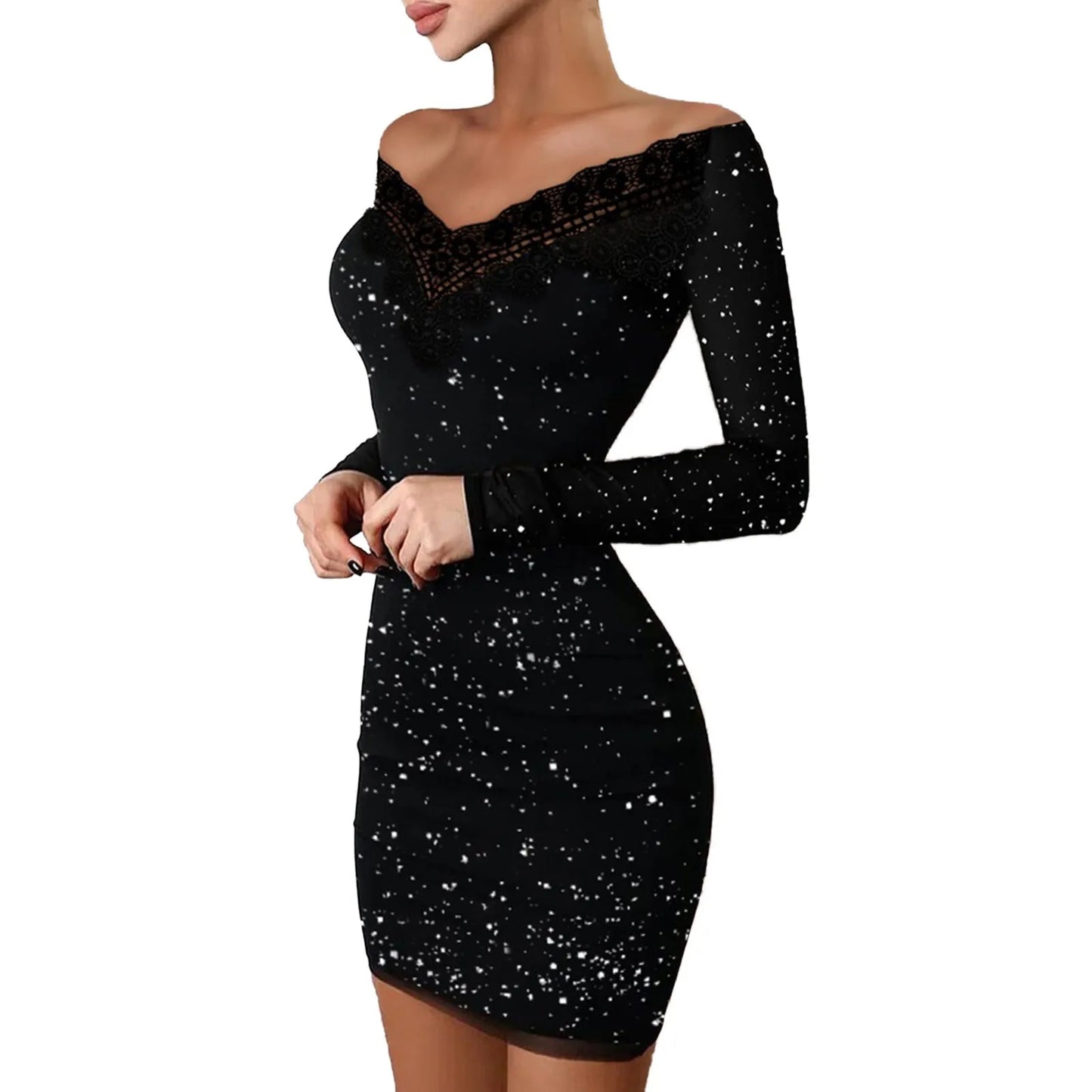 Womens Black Bodycon Dress Off Shoulder Hot Stamping Slim Fit Cocktail Party Evening Gown
