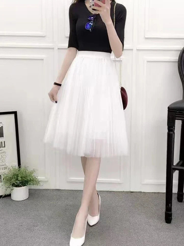 Elegant Women Tulle Skirt  Korean Fashion Mesh White A Line Ladies Pleated Skirt Summer Chic High Waist Black Party Faldas