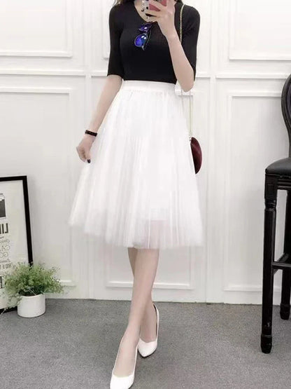 Elegant Women Tulle Skirt  Korean Fashion Mesh White A Line Ladies Pleated Skirt Summer Chic High Waist Black Party Faldas