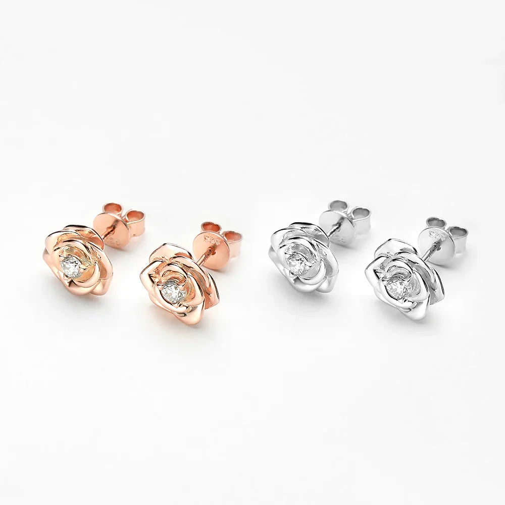 100% 925 Sterling Silver 3mm Moissanite Diamond Stud Earring For Women Romantic Rose Flower Earring Sparkling Fine Jewelry