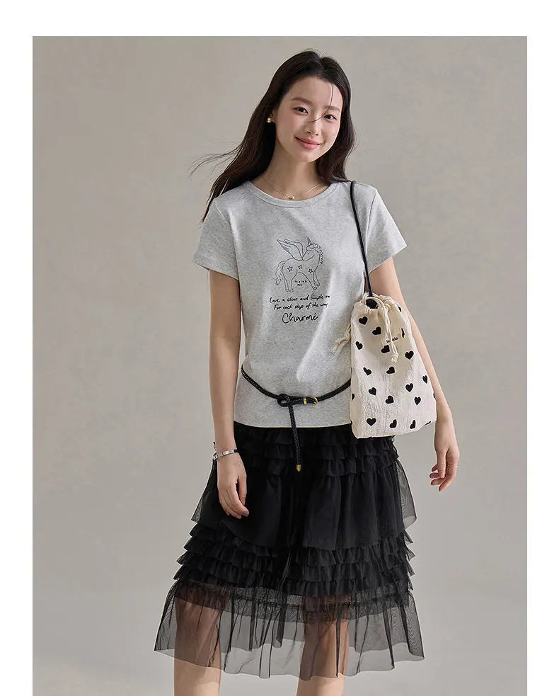 Korean Style Lace Elastic Waist Cake Skirt Mesh Puffy Skirt Women's Dress Knee Length Casual A-Line Skirt Micro Stretch No Slit