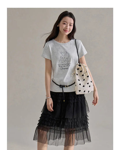 Korean Style Lace Elastic Waist Cake Skirt Mesh Puffy Skirt Women's Dress Knee Length Casual A-Line Skirt Micro Stretch No Slit