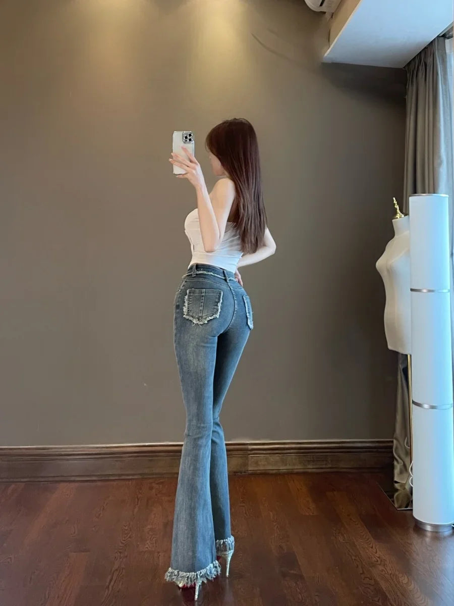 Tassel Flare Pants Jeans 2023 New Slim High Waist Elastic Horseshoe Pants Denim Trousers Fashion Women sexy K5BG