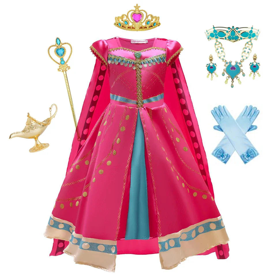 Princess Costume for Girls Arabian Dress for Kids Aladdin Cosplay Christmas Halloween Party with Gloves Crown Wand Accessories
