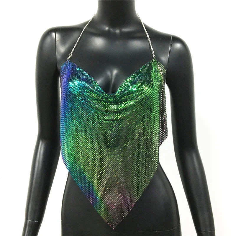 Shiny Metal Sequins Tank Tops For Women Sexy Backless V Neck Adjustable Chain Crop Top Lady Festival Rave Party Club Camisole