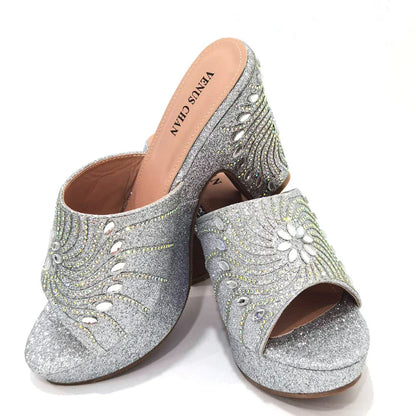 The Latest Italian Design Rotary Rhine-Diamond Floral Thick Heel Platform Women's Comfortable Shoes Bag and Shoe Set
