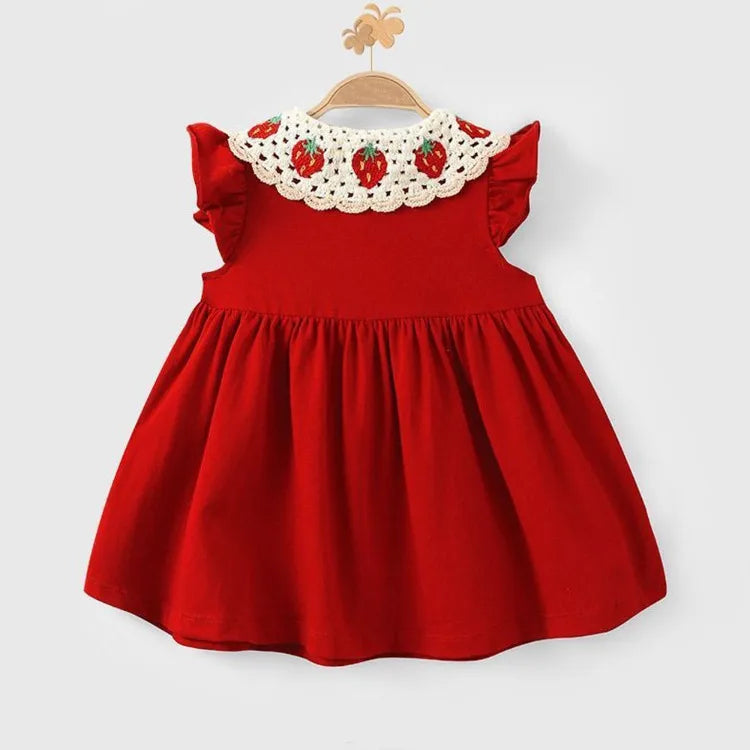2026 Summer New Style Girls Sleeveless Dress Fashion Strawberry Turn-down Collar Kids Princess Dresses Child Red Party Clothes