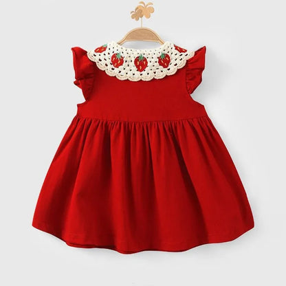 2026 Summer New Style Girls Sleeveless Dress Fashion Strawberry Turn-down Collar Kids Princess Dresses Child Red Party Clothes