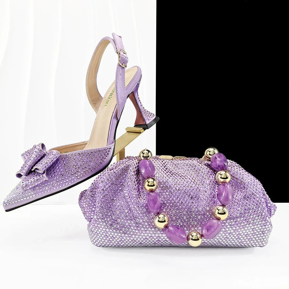 Fashion Newest Full of Rhinestone Design Olive Color Lady Sheos and  Metal bead-embellished handbag Set for Parrt Wedding