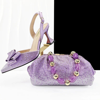 Fashion Newest Full of Rhinestone Design Olive Color Lady Sheos and  Metal bead-embellished handbag Set for Parrt Wedding