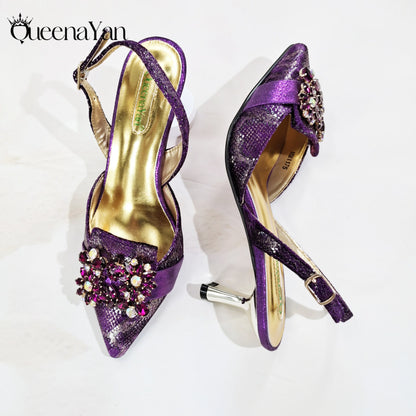 Elegant Mature Purple Color Style Rhinestone and Print Design Pointed Toe High Heels and Bag Set for Party Wedding
