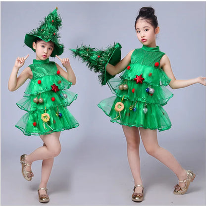 2 4 6 8 10 Yrs Fancy Christmas Tree Dress for Little Girls Xmas Party New Year Frock Kids Santa Claus Lovely Pinetree Ball Gown
