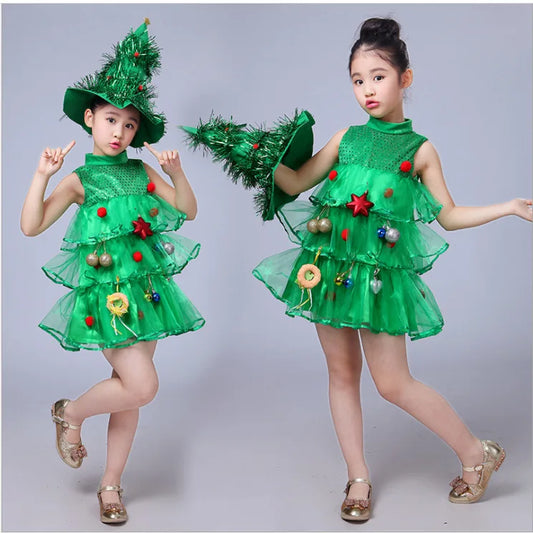 2 4 6 8 10 Yrs Fancy Christmas Tree Dress for Little Girls Xmas Party New Year Frock Kids Santa Claus Lovely Pinetree Ball Gown