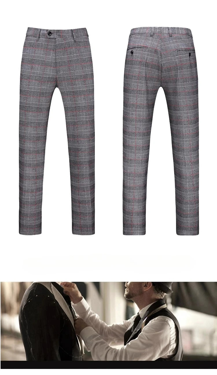 (  Blazer + Vest + Pants ) High-end Brand Gray Plaid Mens Formal Business Office Suit Three-piece Groom Wedding Dress Party Suit