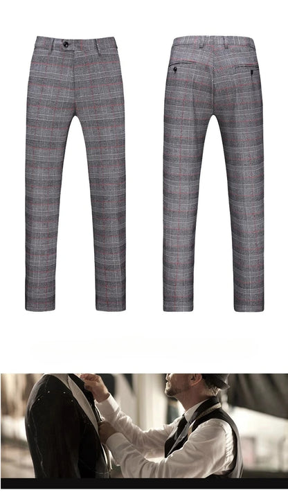 (  Blazer + Vest + Pants ) High-end Brand Gray Plaid Mens Formal Business Office Suit Three-piece Groom Wedding Dress Party Suit