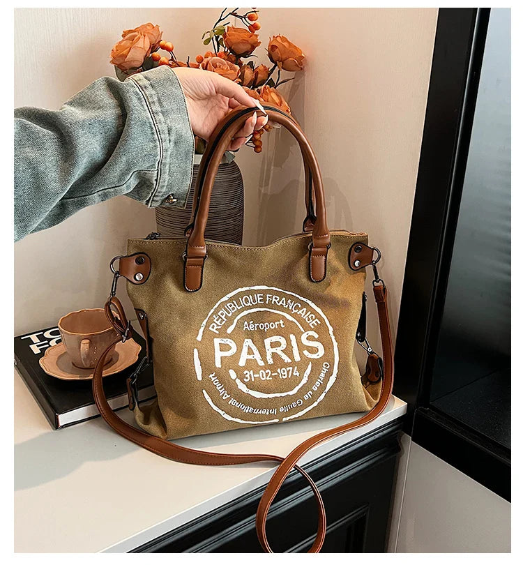 Portable Canvas New Trend Fashion Women's Bag Letter Large Capacity Tote Bag Leisure Commuting Single Shoulder Diagonal Span