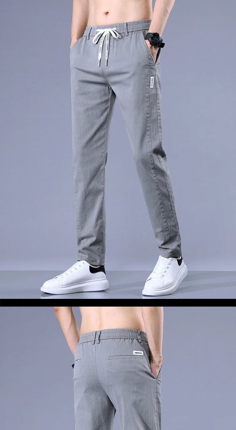 Size 28-38 Thin Casual Pants Mens Slim Simple Cotton Stretch Spring Summer Trousers Elastic Waist Drawstring Jogging Sweatpants