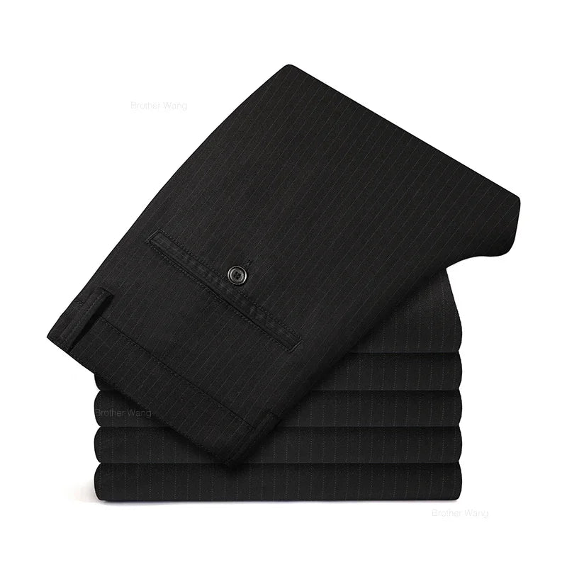 New Men's Business Straight Striped Casual Pants High Quality British Fashion Soft Elastic Trousers Black White Khaki Gray