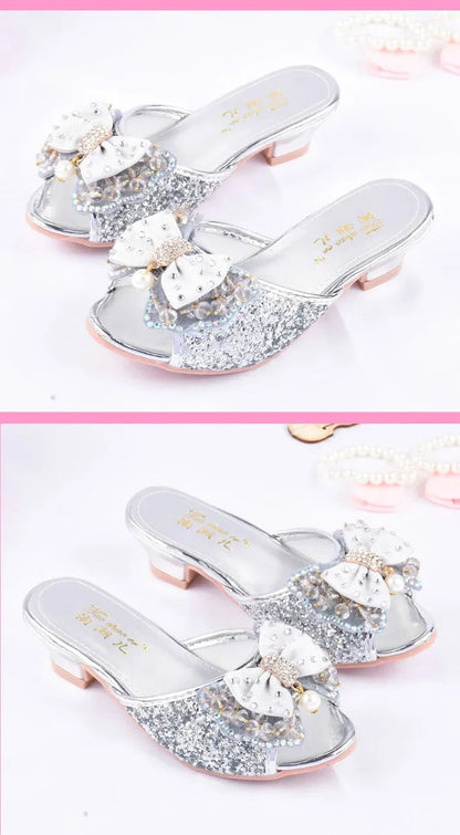 Girls Summer Sandals Slipper Sequined Princesse Children High Heel Party Dress Shoes Leather Slipper For Kids Slides
