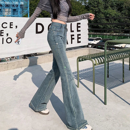 Calça Jeans Feminina Cintura Alta Elástica Skinny Boca de Sino Hotfix Strass Design Vintage Streetwear Calças Femininas Boca de Sino