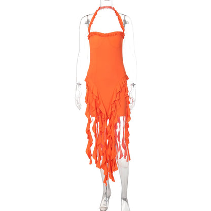 Elegant Halter Solid Ruffles Backless Taseel Sexy Slim Mini Dress Spring Women Cute Outfits Birthday Party Vacation