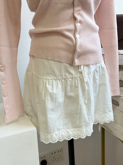 Lace Trim A-line Shirks Women New Cotton High Waist Elastic Ruffles Hem Sweet Mini Skirts Vintage Cute Streetwear Chic Falda