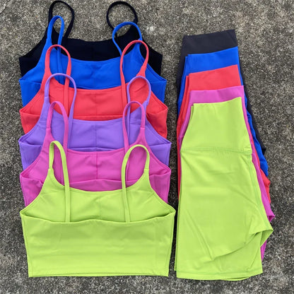 2 Piece Yoga Shorts Set Gym Sports Set Women Workout Clothes Fitness Suit Thin Strap Bra Top High Waist Shorts Running Tracksuit