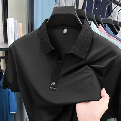 Fashion V-neck short sleeve T-shirt men's summer solid color silky smooth breathable personalized jacquard buttonless polo shirt