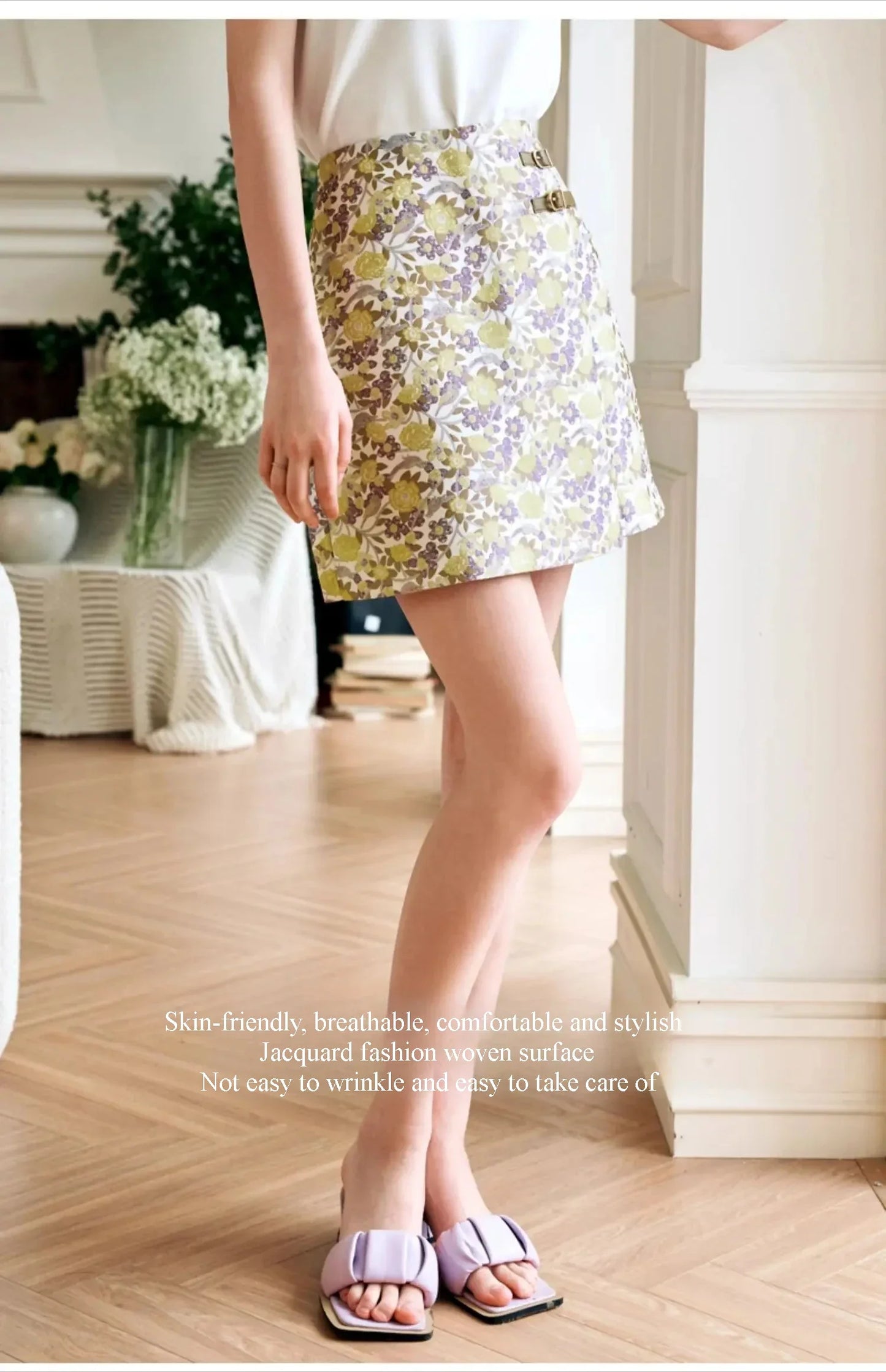 Women's Floral Mini Skirts 2026 Summer A-line Jacquard Irregular Chic Leather Buckle Short Skirt O21QB55108