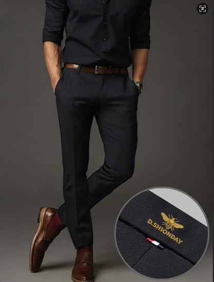 Men's Luxury Bee Waist Logo Business Casual Pants, High Elastic Slim Fit Formal Trousers for Office Commute & Daily Wear