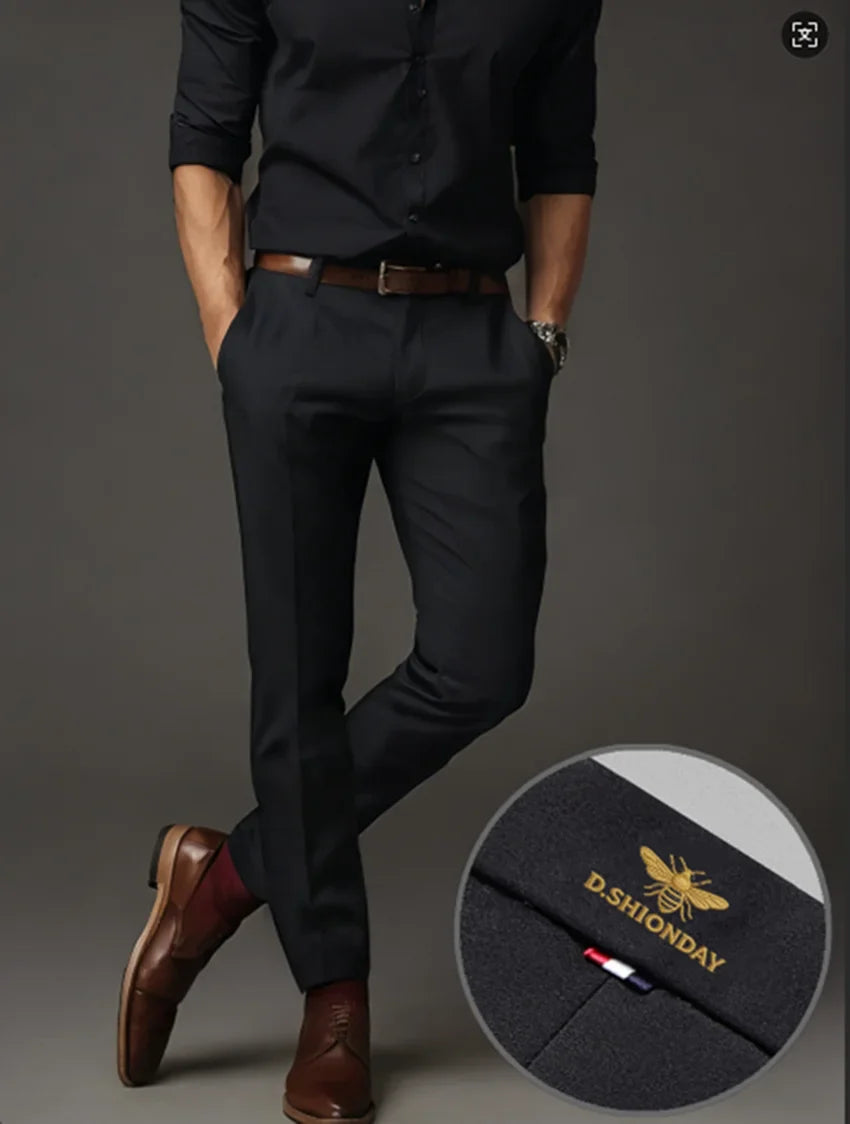 Men's Luxury Bee Logo Waistband Business Casual Pants High Elastic Slim Fit Formal Trousers for Office