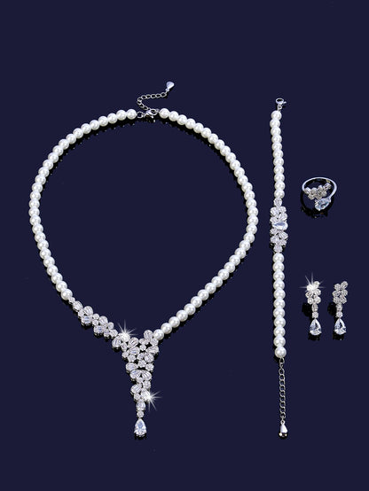 Trendy Pearl Tassel Necklace 4PCS Jewelry Set For Women Wedding Party Full Zircon Dubai Bridal Jewelry Set Gift