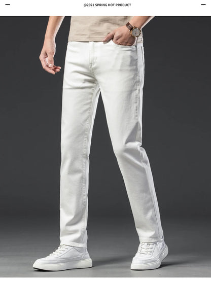 2025 Men White Jeans Fashion Casual Classic Style Regular Straight  Fit Soft Trousers Male  Advanced Stretch Pants