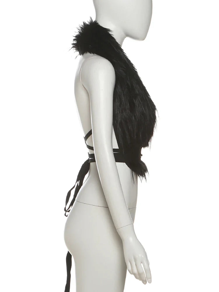 Hottie Sexy Furry Halter Top Women Fur Collar Backless Lace-Up Coquette Dark Punk Style Music Festival Clubwear Vests