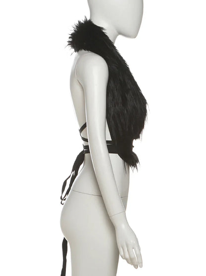 Hottie Sexy Furry Halter Top Women Fur Collar Backless Lace-Up Coquette Dark Punk Style Music Festival Clubwear Vests