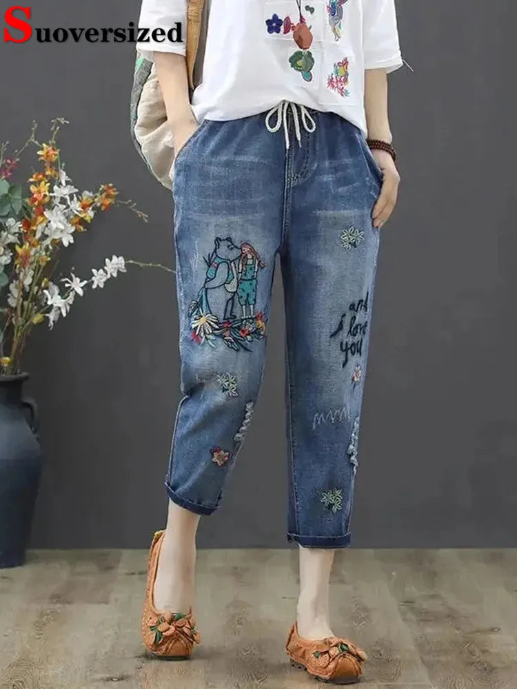 Y2k Embroidery Ankle-Length Baggy Jeans