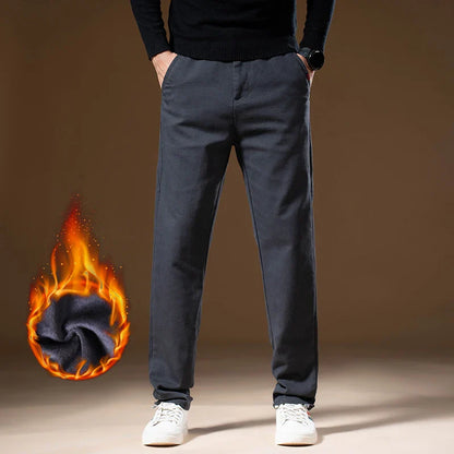 Korean Business Casual Fleece Men Pants Winter Thickened Straight Thermal Casual Pants Male Fashion Stretch Warm Velvet Trousers