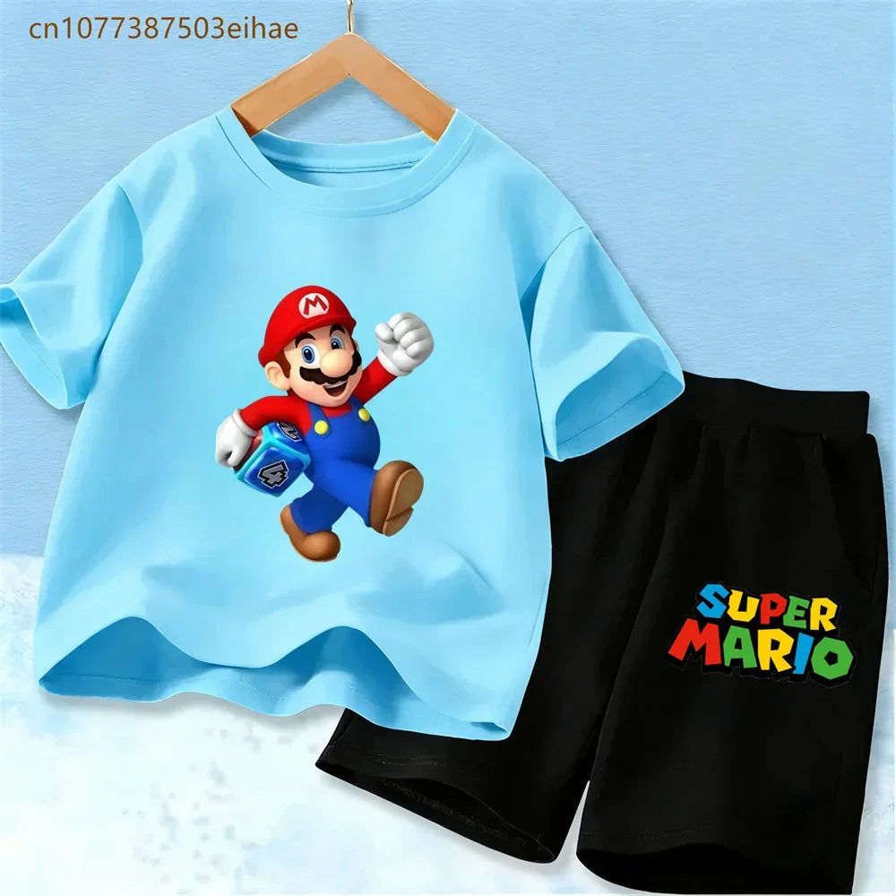 Kids Mario Graphic Short Sleeve T Shirt And Shorts Set Lightweight Summer Sport Costume Boys Girls Casual Home Outdoor Clothes