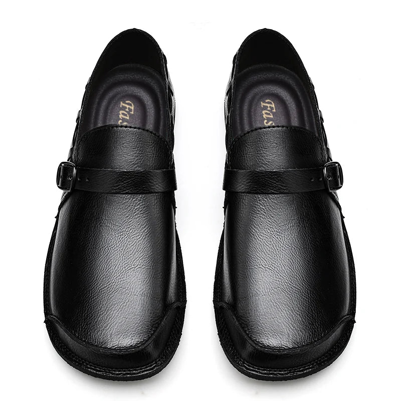 Sapatos Masculinos de Couro com Bico Largo e Sem Cadarço, Flats Casuais Minimalistas Antiderrapantes Primavera Verão Outono