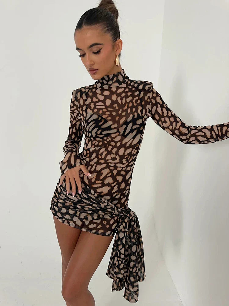 Sexy Sheer Print Leopard Bandage Women Dress Long Sleeve Mini Dress Lady Spring Slim Elegant Party Club Dress