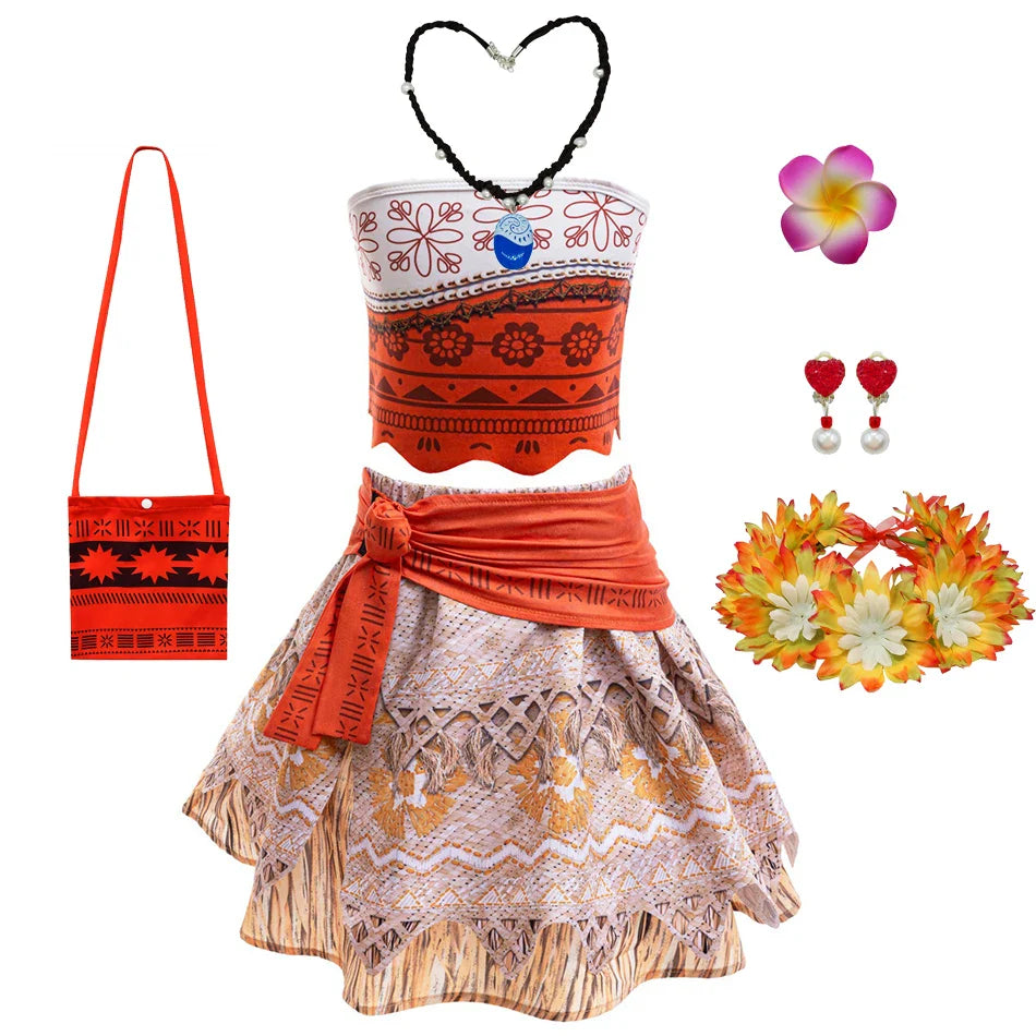Moana Cosplay Dress For Girl New Little Girl Two Piece Suit Children Geometric Print Clothes Halloween Carnival Outfit Moana