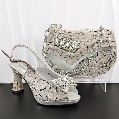 INS Purple Rhinestone-Embellished and Colorful Striped Design Party Wedding Peep Toe Bigger Size Ladies High Heels and Bag Set