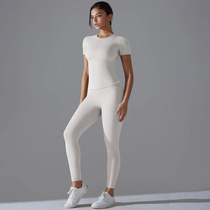 Yoga Set Women Workout Set Sportswear Gym Clothing Fitness Shorts Sleeve Crop Top High Waist Leggings Sports Suits