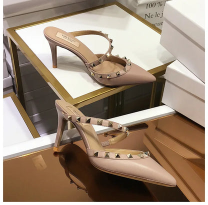 2025 New Genuine Leather Gladiator Pumps Sandals Luxury Metal Rivets Summer Women Outdoor Slippers Black Fashion High Heels 41
