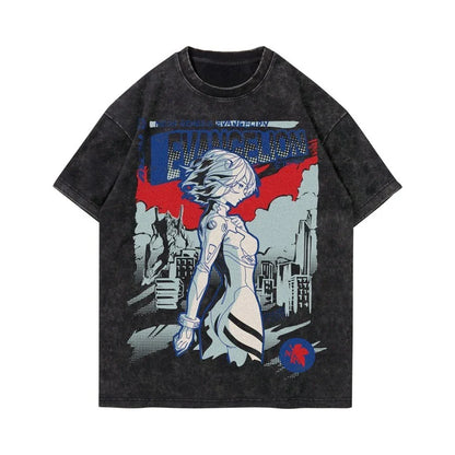 Short-Sleeved T-Shirt Retro Print Loose Fit Trendy Washed Cotton Tops for Men and Women