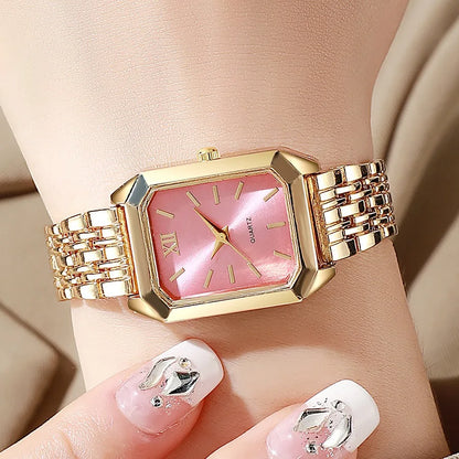 Luxury Women's Quartz Watch Set Fashion Alloy Band Business Ladies Watches Square Quality Gold Plated Folding Female Clock